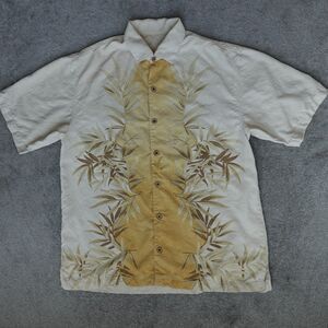 Tommy Bahama Shirt Men L Beige Floral 100% Silk Hawaiian Button Up Short Sleeve